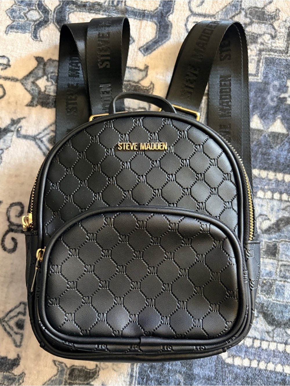 Steve Madden Black Quilted Logo Mini Backpack with Gold Hardware